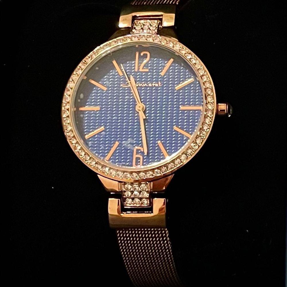 NWOT JEANNERET Rose Gold Tone Clear Rhinestone Ladies Working Watch Blue Face**